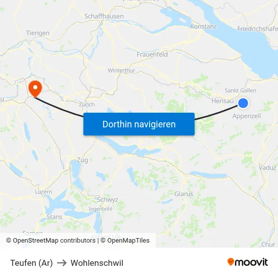 Teufen (Ar) to Wohlenschwil map