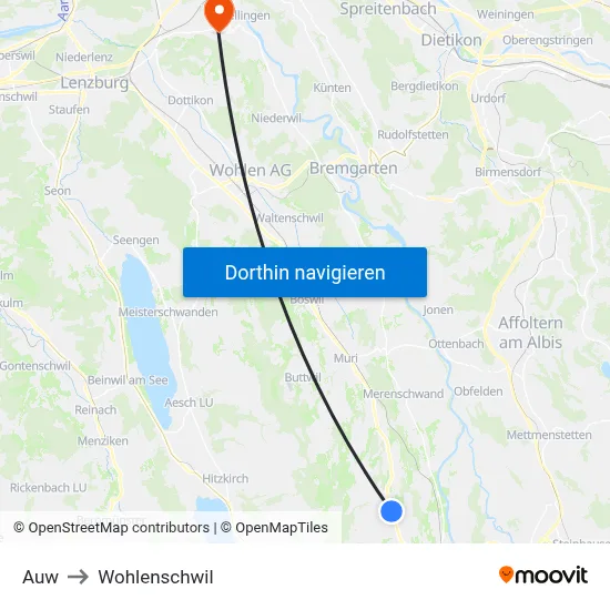 Auw to Wohlenschwil map