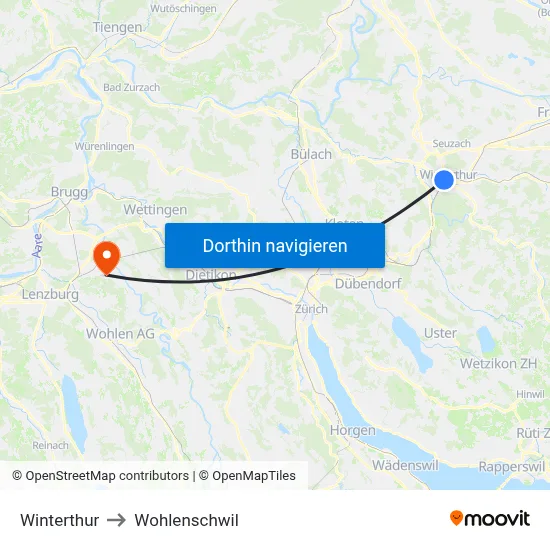Winterthur to Wohlenschwil map