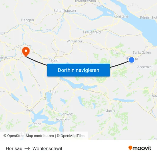 Herisau to Wohlenschwil map