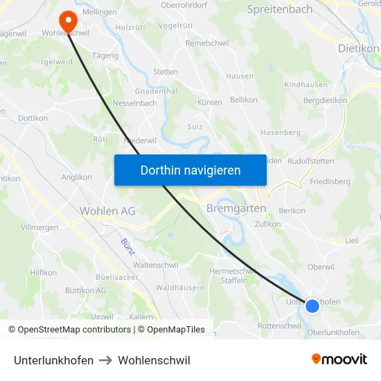 Unterlunkhofen to Wohlenschwil map