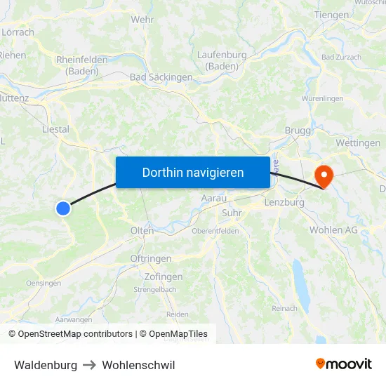 Waldenburg to Wohlenschwil map
