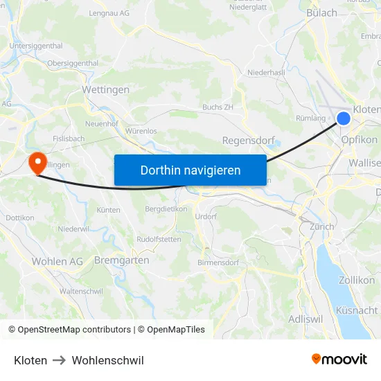 Kloten to Wohlenschwil map