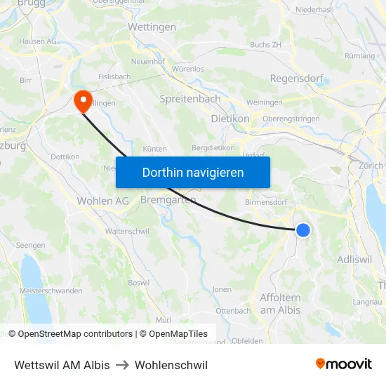 Wettswil AM Albis to Wohlenschwil map