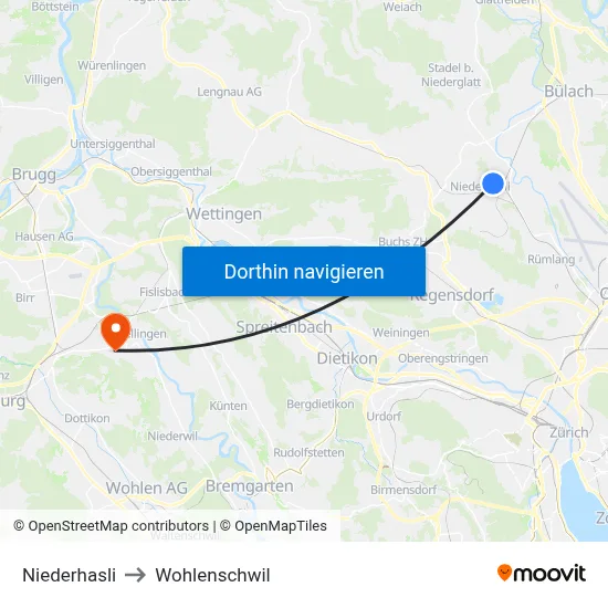 Niederhasli to Wohlenschwil map