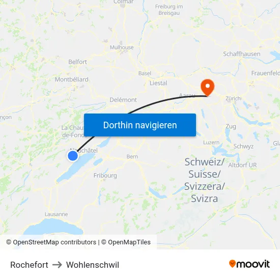 Rochefort to Wohlenschwil map