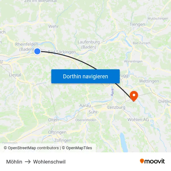 Möhlin to Wohlenschwil map