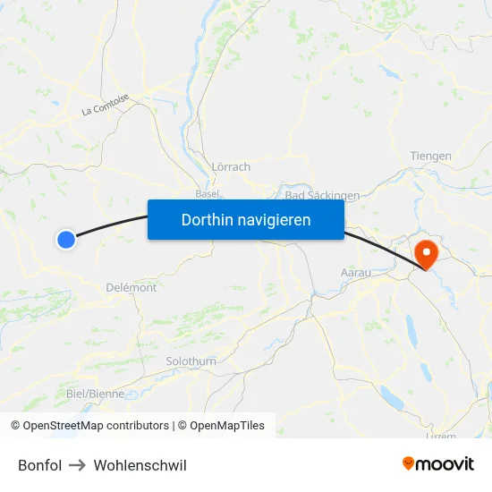Bonfol to Wohlenschwil map