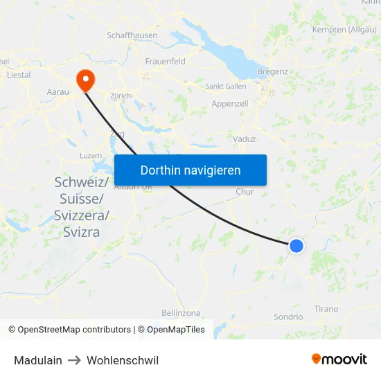 Madulain to Wohlenschwil map