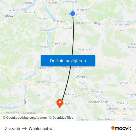 Zurzach to Wohlenschwil map