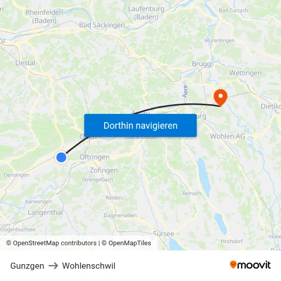 Gunzgen to Wohlenschwil map