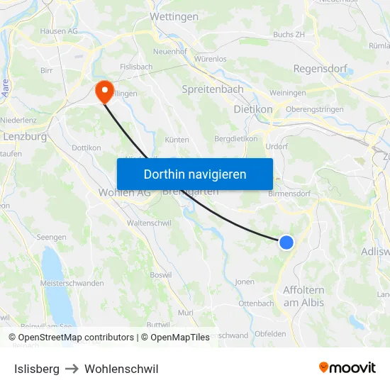 Islisberg to Wohlenschwil map