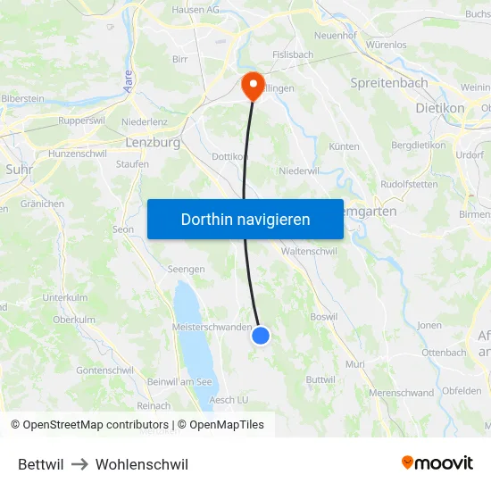 Bettwil to Wohlenschwil map