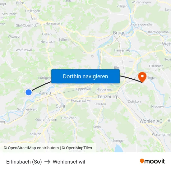 Erlinsbach (So) to Wohlenschwil map