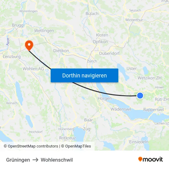 Grüningen to Wohlenschwil map