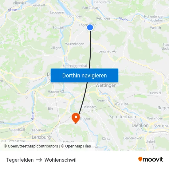 Tegerfelden to Wohlenschwil map