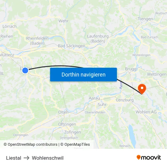 Liestal to Wohlenschwil map