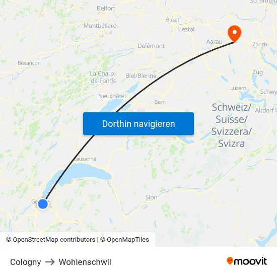 Cologny to Wohlenschwil map