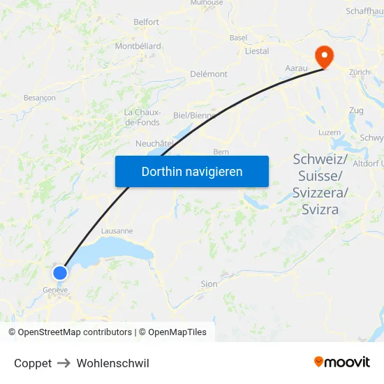 Coppet to Wohlenschwil map