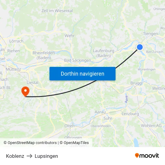 Koblenz to Lupsingen map
