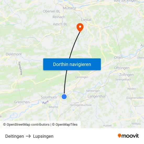 Deitingen to Lupsingen map