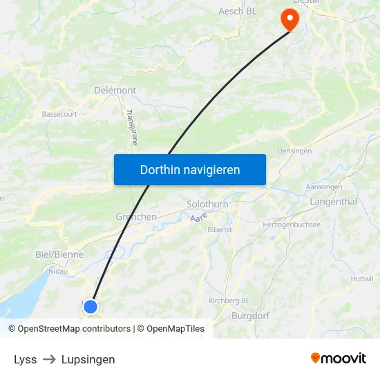 Lyss to Lupsingen map