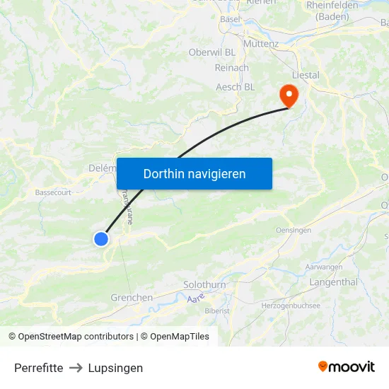 Perrefitte to Lupsingen map