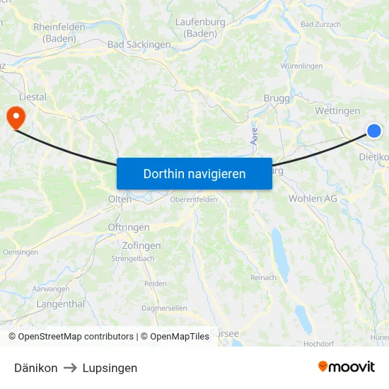 Dänikon to Lupsingen map