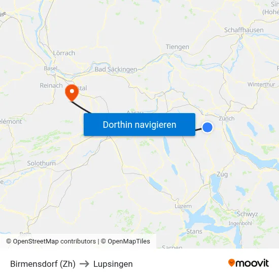 Birmensdorf (Zh) to Lupsingen map