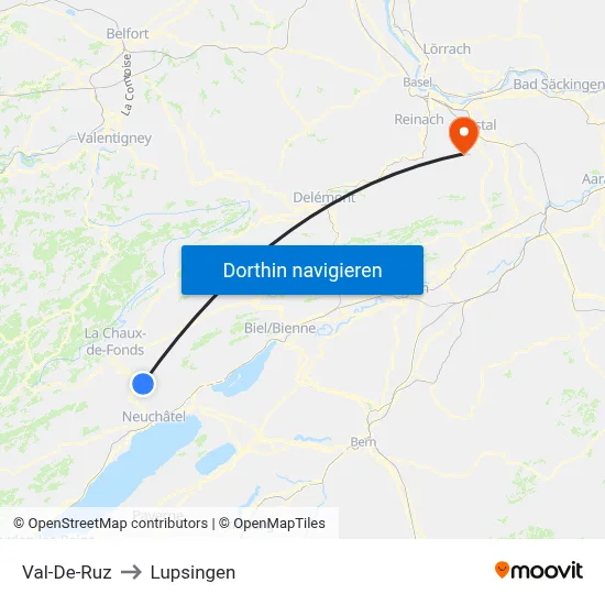 Val-De-Ruz to Lupsingen map