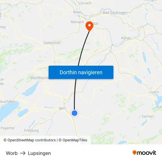 Worb to Lupsingen map