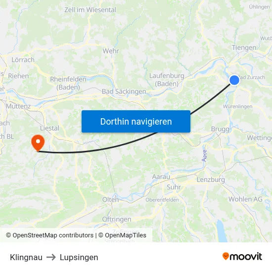 Klingnau to Lupsingen map