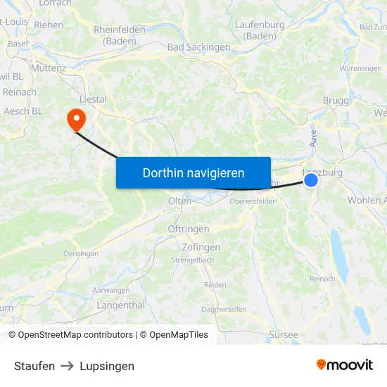 Staufen to Lupsingen map