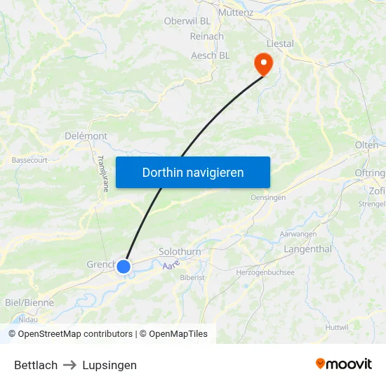 Bettlach to Lupsingen map
