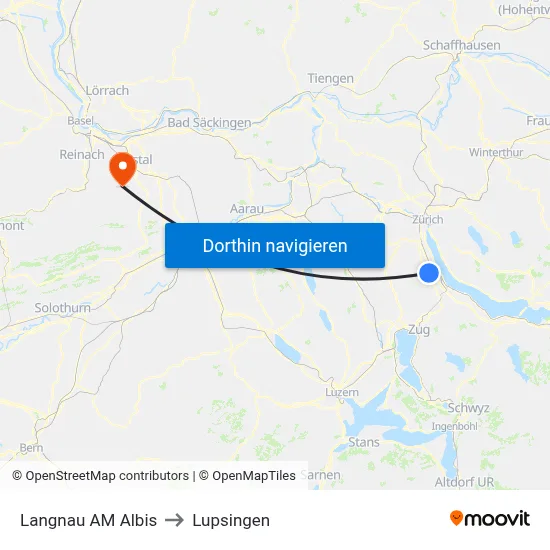 Langnau AM Albis to Lupsingen map