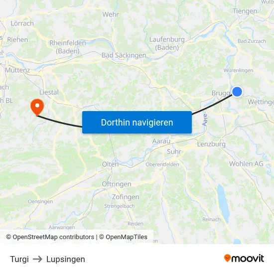 Turgi to Lupsingen map