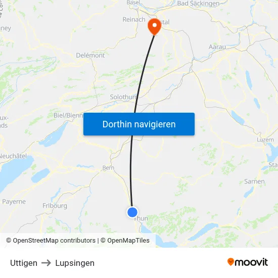 Uttigen to Lupsingen map