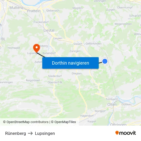Rünenberg to Lupsingen map