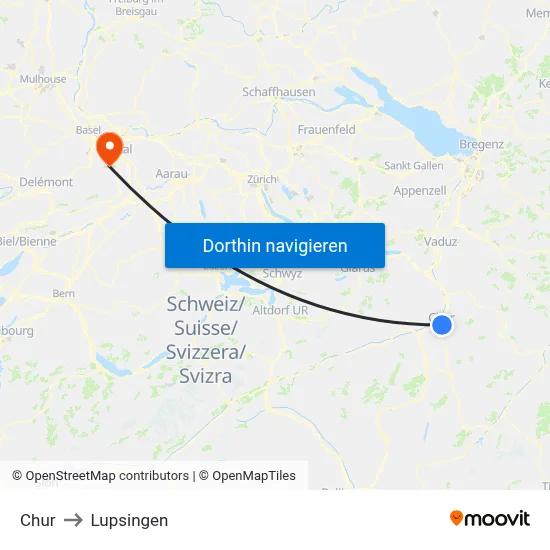 Chur to Lupsingen map