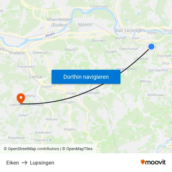 Eiken to Lupsingen map