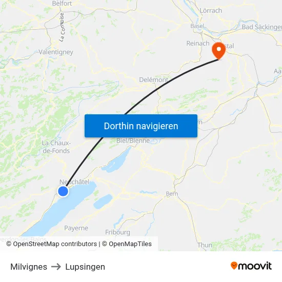 Milvignes to Lupsingen map