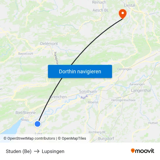 Studen (Be) to Lupsingen map