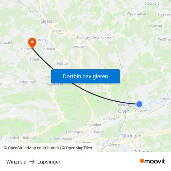 Winznau to Lupsingen map