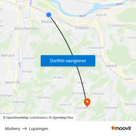 Muttenz to Lupsingen map
