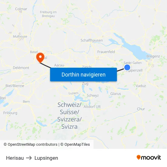 Herisau to Lupsingen map