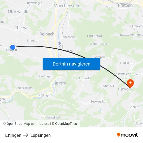 Ettingen to Lupsingen map