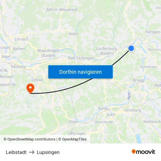 Leibstadt to Lupsingen map