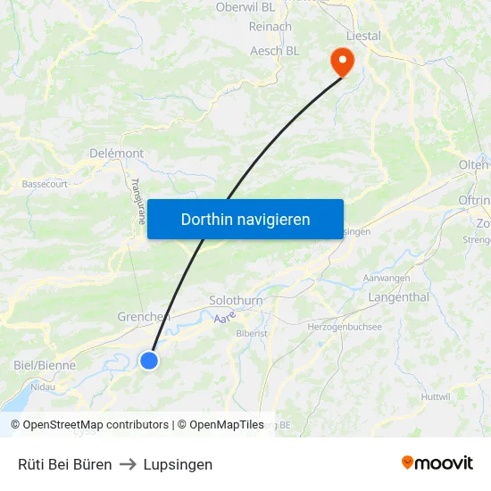 Rüti Bei Büren to Lupsingen map