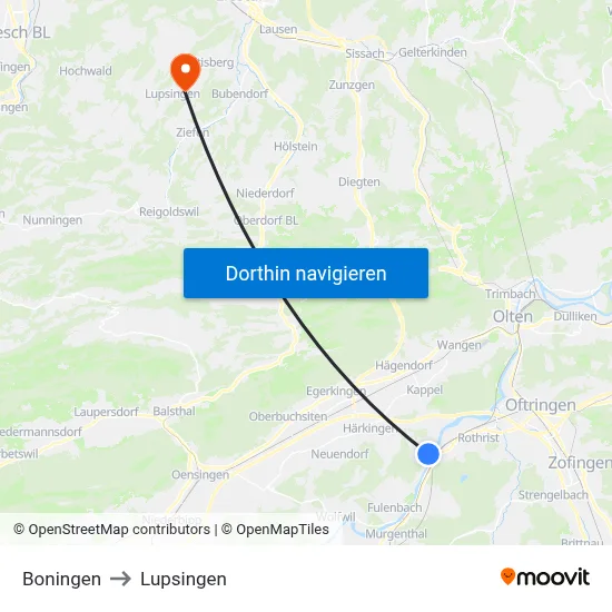 Boningen to Lupsingen map
