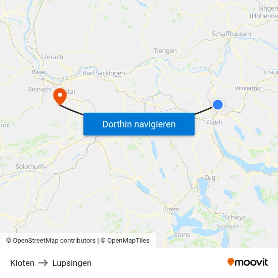 Kloten to Lupsingen map